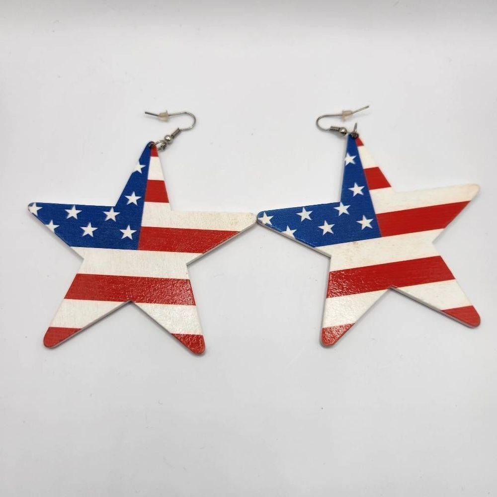 Patriotic Star Shaped American Flag Wood Earrings